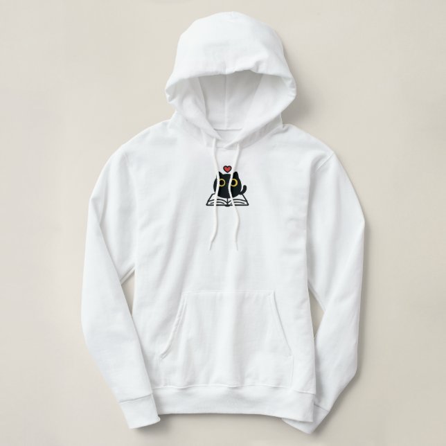 Sudadera Gato Kawaii Negro Lindo Leyendo Libro Cartoon (Diseño del anverso)