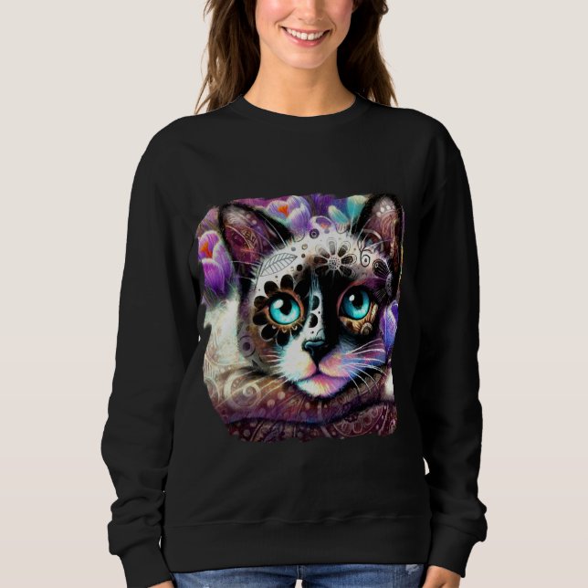 Sudadera Gato kitano siamés crocus floral morado blanco Ver (Anverso)