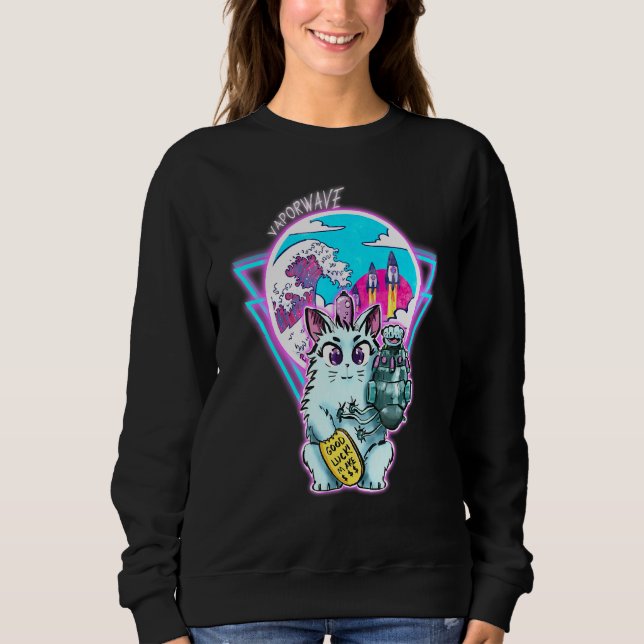 Sudadera Gato Maneki-Neko Cyberpunk Con Estilo De Onda Vapo (Anverso)