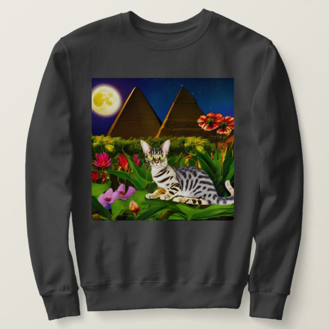 Sudadera Gato Mau egipcio en un jardín nocturno (Anverso del diseño)