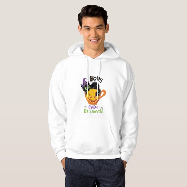 Sudadera Gato negro boo, calabaza temerosa café Halloween (Anverso completo)
