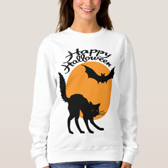 Sudadera Gato negro de Halloween y murciélago con luna, hal