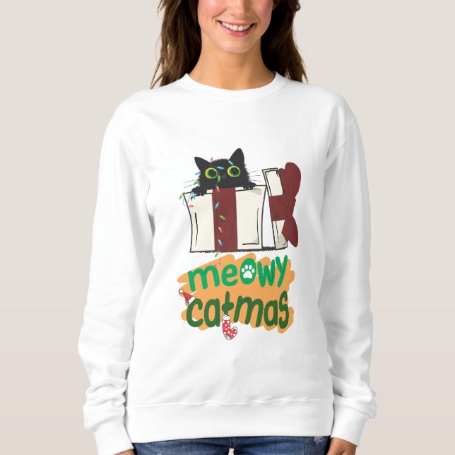 Sudadera Gato negro de Santa Claus enredado en luces de árb (Anverso)