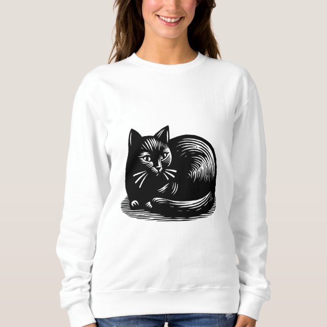 Sudadera Gato negro estilo grabado en madera (Anverso)