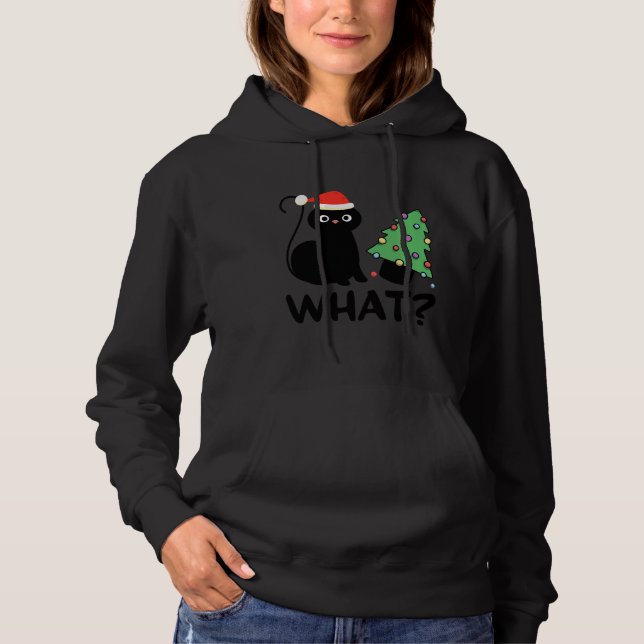 Sudadera Gato negro gracioso que presiona el árbol de Navid (Anverso)