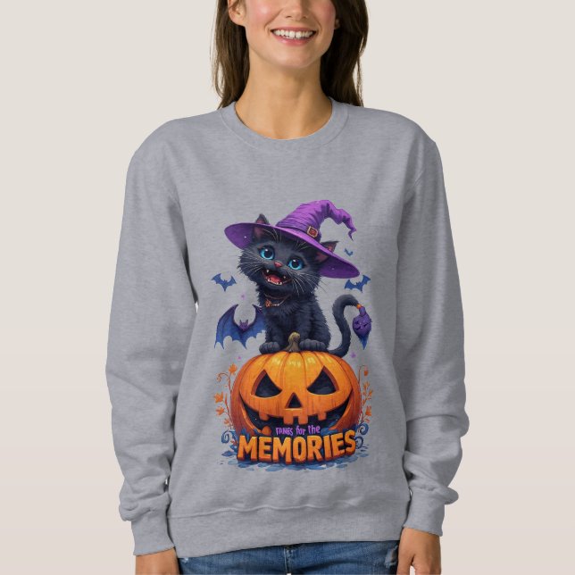 Sudadera Gato negro juguetón con sombrero de bruja (Anverso)