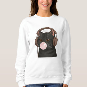 Sudadera Gato negro lindo con auriculares soplando chicle 