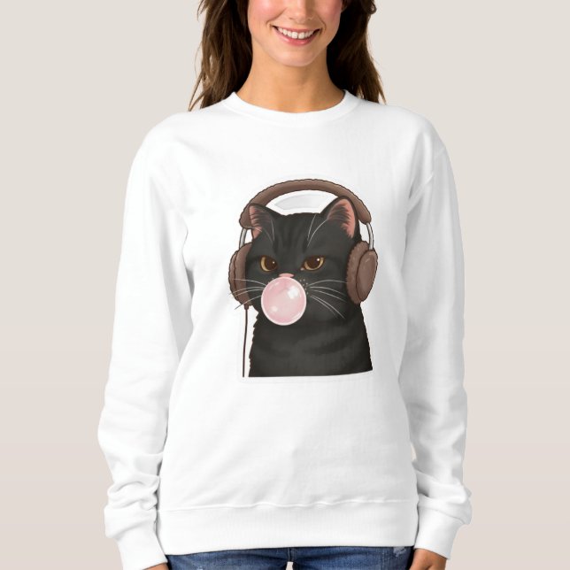 Sudadera Gato negro lindo con auriculares soplando chicle  (Anverso)