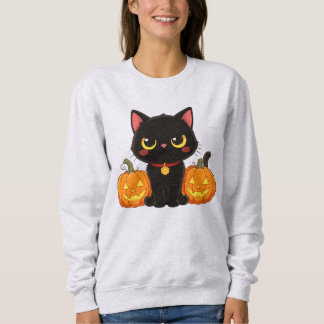 Sudadera Gato negro lindo y calabazas de Halloween