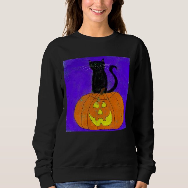 Sudadera Gato negro sobre calabaza Resumen de arte de Hallo (Anverso)