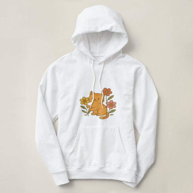 Sudadera Gato Personalizado lindo jugando con flores Hoodie (Diseño del anverso)