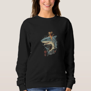 Sudadera Gato Samurái Japonés Asiático Montando Un Tiburón