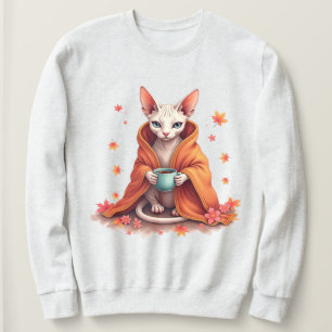 Sudadera Gato Sphynx Acogedor Envuelto en Manta con Café –