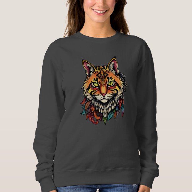 Sudadera Gato Tribal Ornate Hoodie con pluma colorida (Anverso)