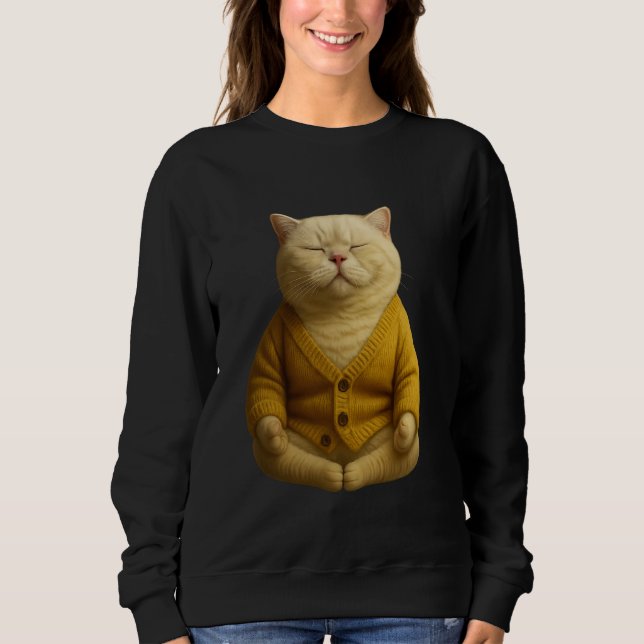 Sudadera Gato Zen en cardigan amarillo tranquilo meditando  (Anverso)