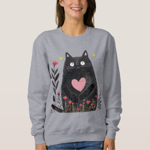 Sudadera Girlie Gato Negro Floral Boho Acuarela Lindo