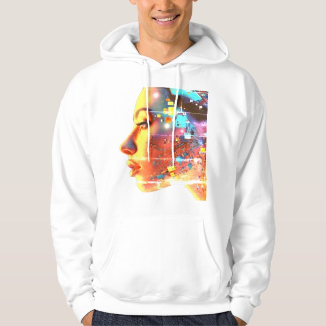 Sudadera Glitch in Cyborg Woman on a Cozy Long Sleeve White (Anverso)