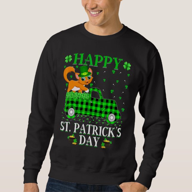 Sudadera Gracioso Búfalo Plaid Green Truck Cat St Patrick's (Anverso)