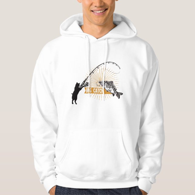 Sudadera Gracioso gato negro atrapando peces grandes (Anverso)