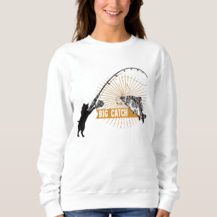 Sudadera Gracioso gato negro atrapando peces grandes