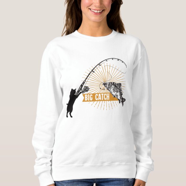 Sudadera Gracioso gato negro atrapando peces grandes (Anverso)