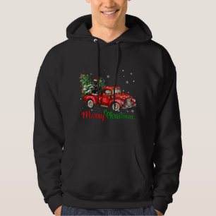 Sudadera Gracioso gato negro montando camioneta roja árbol 