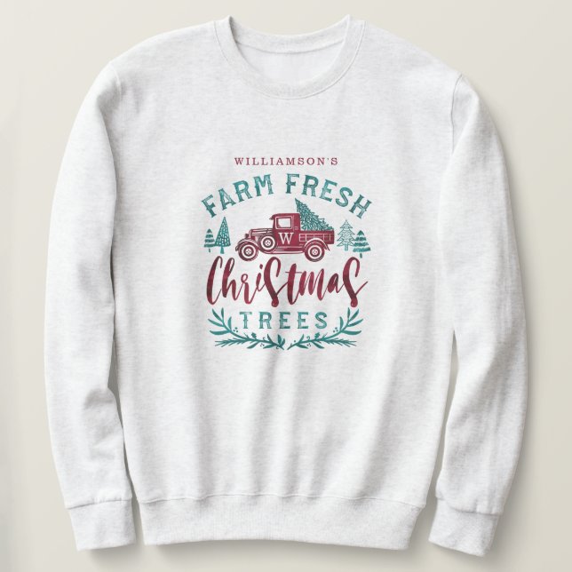Sudadera Granja fresca y antigua camioneta roja entrega árb (Anverso del diseño)