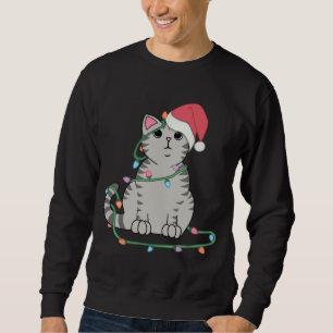 Sudadera Gray Tabby Cat Navidades luces el divertido amante
