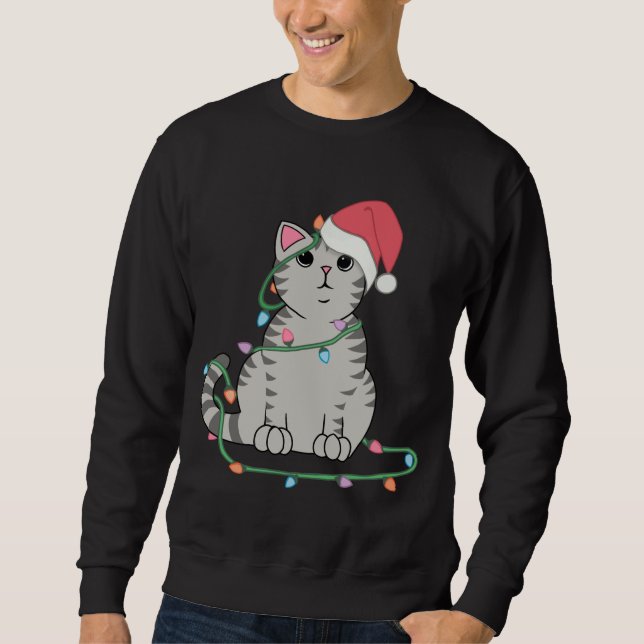 Sudadera Gray Tabby Cat Navidades luces el divertido amante (Anverso)