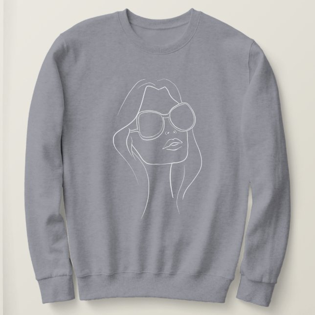 Sudadera Gris de la cara de una mujer de arte de línea (Anverso del diseño)