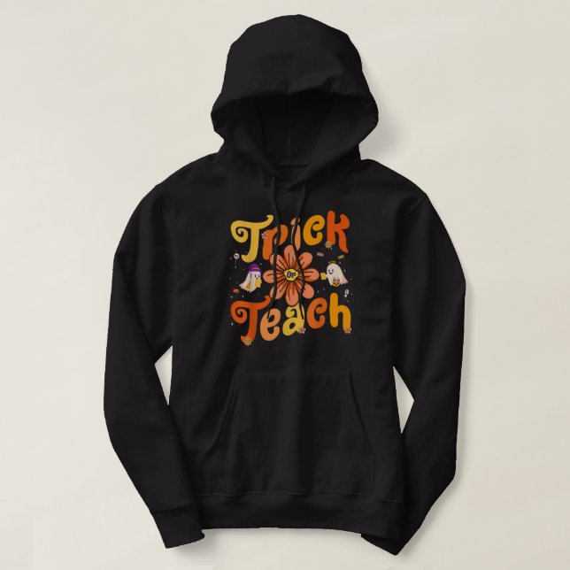 Sudadera Groovy Halloween Trick o Teach Retro Floral Ghost (Diseño del anverso)
