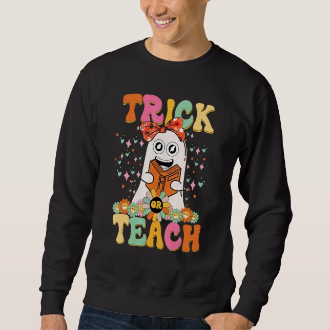 Sudadera Groovy Halloween Trick or Teach Retro Floral Ghost (Anverso)