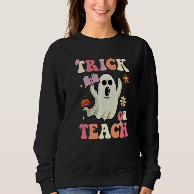Sudadera Groovy Halloween Trick or Teach Retro Floral Ghost (Anverso)