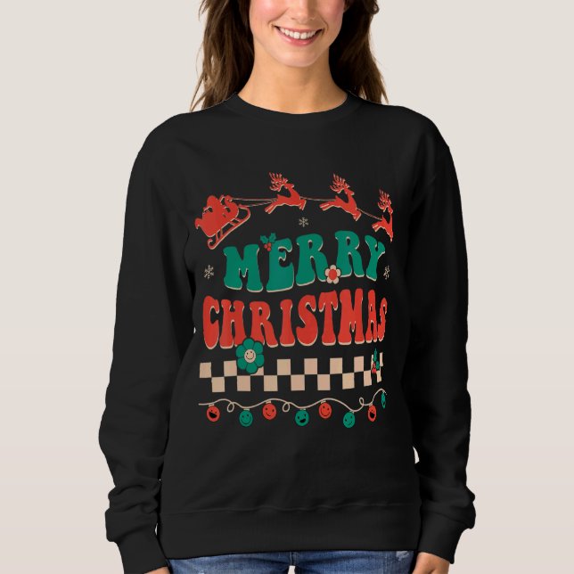 Sudadera Groovy Merry Christmas Luces Hippie Santa Family (Anverso)