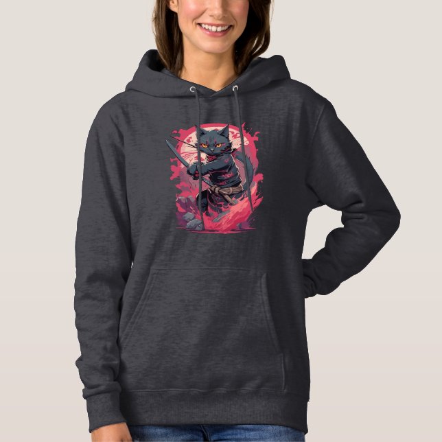Sudadera Guerrero de Gato Ninja negro con un incendio suave (Anverso)