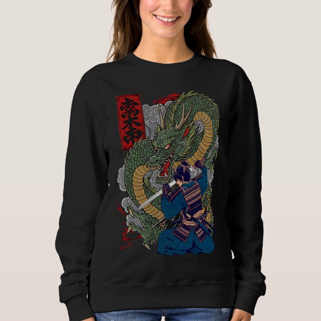 Sudadera Guerrero de Samurai Enfrenta Fierce Dragon Arte Ja (Anverso)
