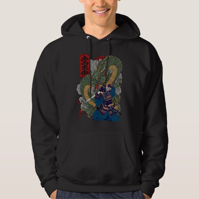 Sudadera Guerrero de Samurai Enfrenta Fierce Dragon Arte Ja (Anverso)