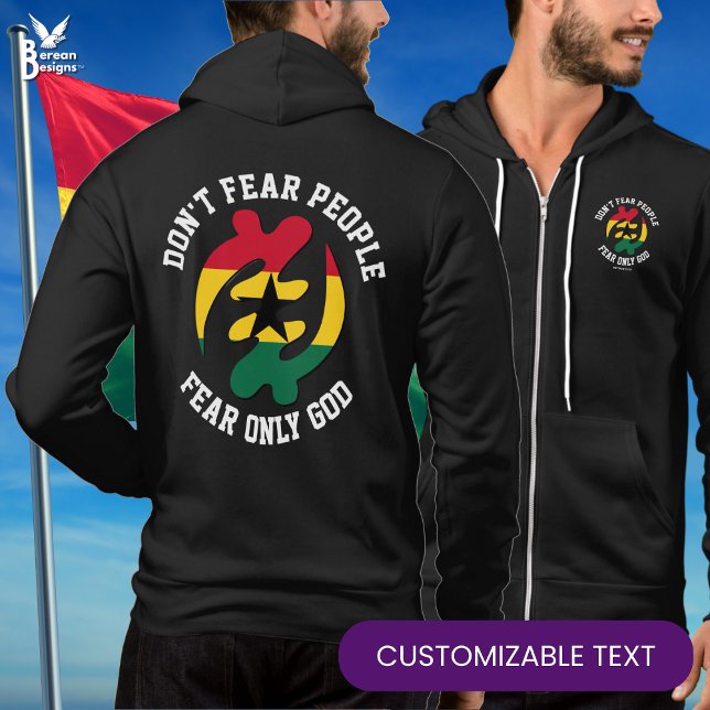 Sudadera Gye Nyame Adinkra SÓLO TEME DIOS Christian Ghana (Stylish GYE NYAME zipped hoodie with CUSTOMIZABLE Christian text. Designed with Ghanaian flag.)