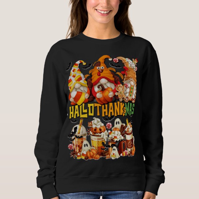 Sudadera Hallothanksmas Gnomes Halloween Acción de Gracias  (Anverso)