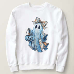 Sudadera Halloween Blue Denim Boo Ghost Floral Coquette Bow