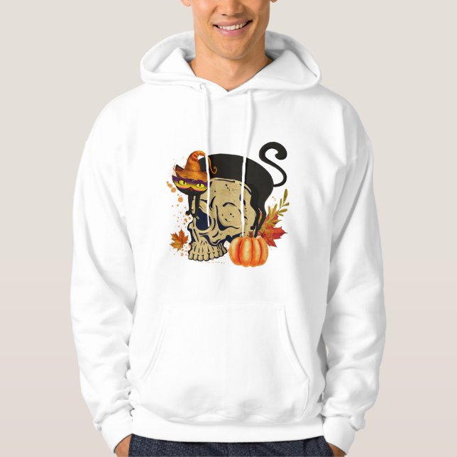 Sudadera Halloween con gato negro de camiseta y esqueleto h (Anverso)