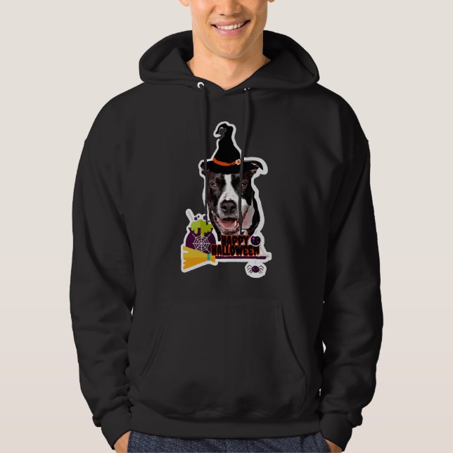 Sudadera Halloween De Brujas De Perro De Pitbull Negro Y Bl (Anverso)