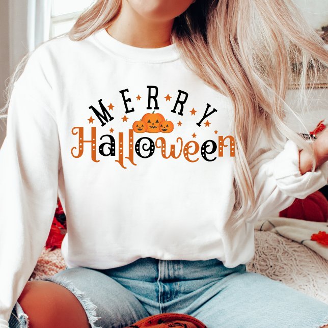 Sudadera Halloween de merry elegante y moderno (Stylish and Trendy Orange and Black Festive 'Merry Halloween' Sweatshirt)