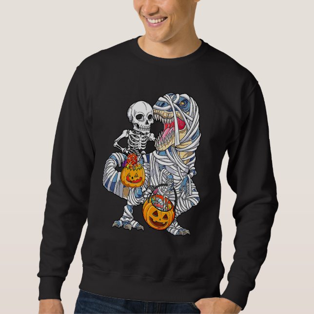 Sudadera Halloween Dinosaur Rex Skeleton Riding Mummy Pumpk (Anverso)