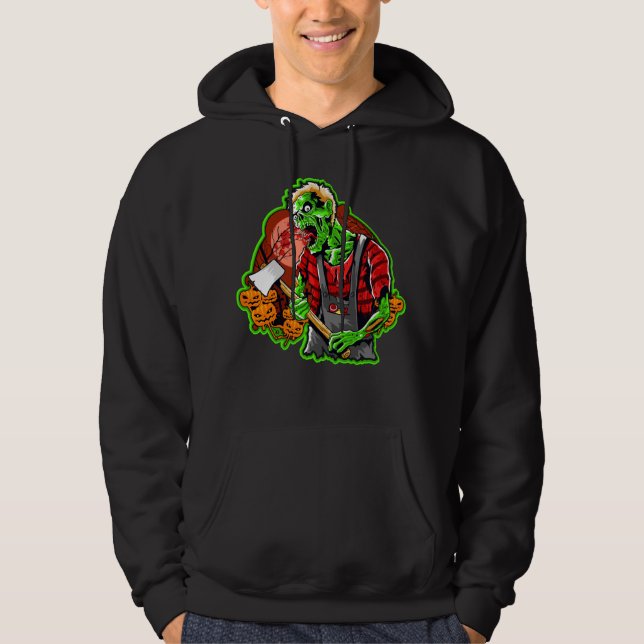 Sudadera Halloween Funny Green Zombie Ax sobre negro (Anverso)
