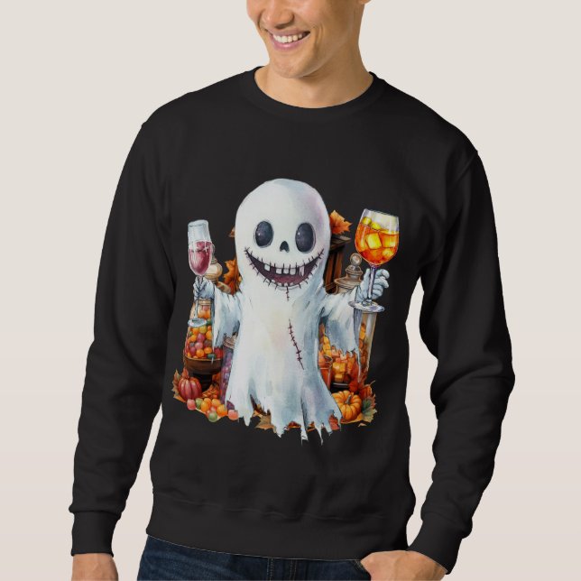 Sudadera Halloween Party with Ghost drinks wine (Anverso)