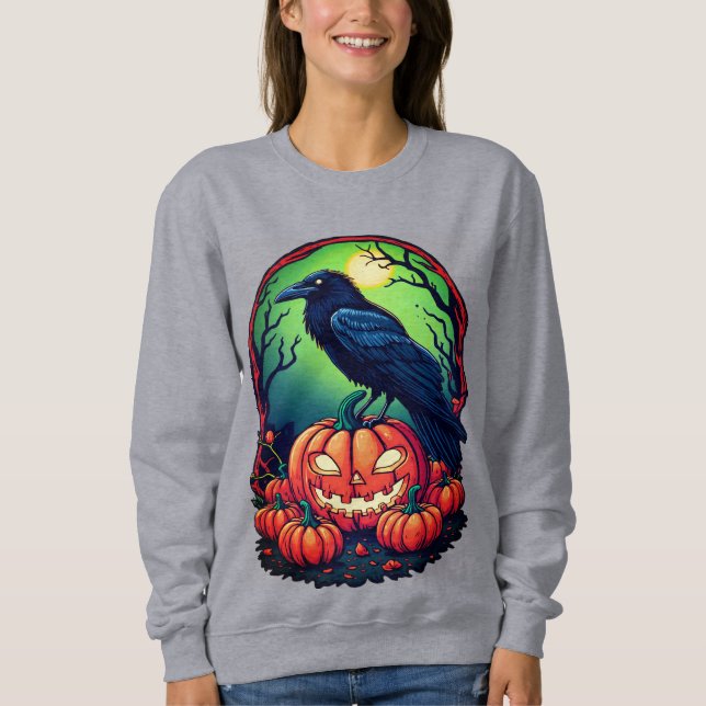Sudadera Halloween Raven en un parche de calabaza (Anverso)