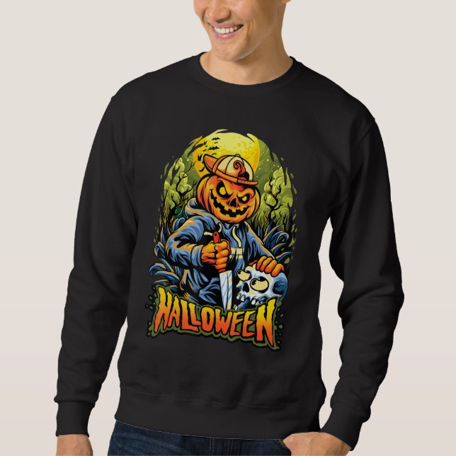 Sudadera Halloween Scary Jack O Lantern Tocando un cráneo (Anverso)