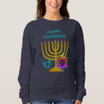 Sudadera Hanukkah HAPPY CHANUKAH<br><div class="desc">Moderno Hanukkah HAPPY CHANUKAH sudadera unisex, con TEXTO PERSONALIZABLE, diseñado con menorah de oro falso, la colorida estrella de David y dreidel de color plata más GREETING PERSONALIZABLE, para que puedas crear tu propio saludo. Suéter ideal para hombres o mujeres para la temporada de Hanukkah. Elija entre una amplia sección...</div>