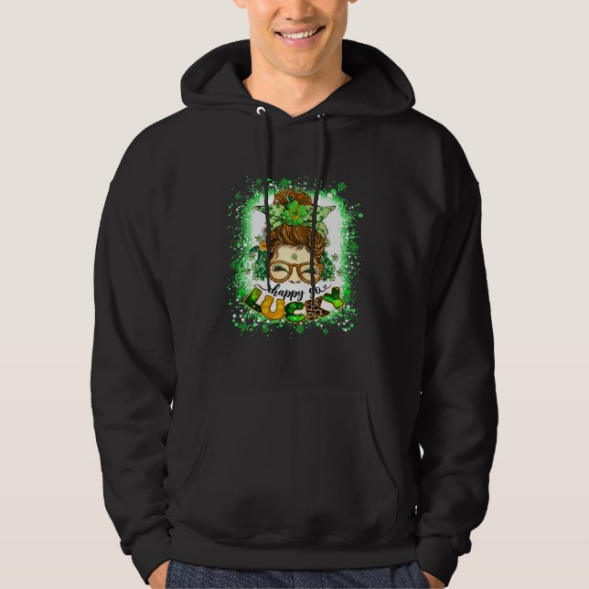 Sudadera Happy go Lucky Messy Bun Girl Irish St Patricks Da (Anverso)